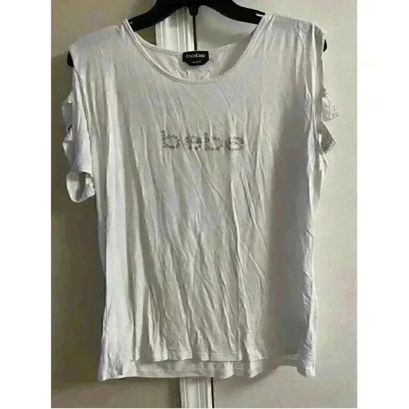 BEBE WHITE short sleeve‎ cold shoulder top  XL - Picture 1 of 5